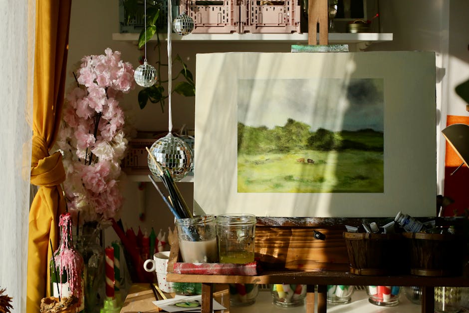 Sunlit art studio with painting supplies, easel, and a landscape artwork, evoking creativity.